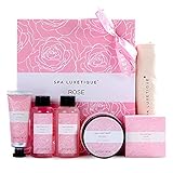 Bade Geschenket für Frauen, SPA LUXETIQUE 6 tlg. Pflegeset Rosenduft in Reisegröße - Duschgel, Bodylotion, Schaumbad, Handcreme, Leinentasche mit Kordelzug, Bade Reise Set Geschenk zum Valentinstag