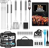 BBQ Grillbesteck Set, 25 Grillzubehör aus Hochwertiger, Edelstahl Grillbesteck Set mit Pfannenwender, Zange, Gabel, Bürste, Kebab-Spieße für Outdoor-Indoor-Party und Camping