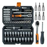 BIGSTREN Werkzeugset 56-teilig – Steckschlüsselsatz 1/4 Zoll mit Ratsche 72Z, Bits, Verlängerungen, Werkzeugkoffer aus CRV-Stahl