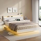 VASAGLE Bettgestell, Doppelbettgestell, 160 x 200 cm, schwebender visueller Effekt, Bett mit LED-Beleuchtung, hohem Kopfteil, Ladestation, modern, wolkenweiß RMB865W01