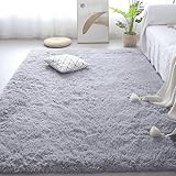 DYINDUN Flauschiger Hochflor Teppich 120 x 220 cm Superweich Flauschig Büro Klein Tepich Waschbar Und rutschfest Fürs Wohnzimmer, Kinderzimmer, Schlafzimmer Und Die Küche Geeignet, Hellgrau
