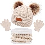 3 Stück Mädchen Winter Beanie Hut, Schal, Handschuhe Set,Kinder Wintermütze Schal Handschuhe Set, Mütze Warme Beanie Hut Jungen Handschuhe Runder Schal Set für Kinder 1-6 Jahre Alt (Beige)