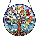 Sonnenfänger Fenster Lebensbaum, 9.8' Acryl Suncatcher mit Eisenkette, Handbemalte Fensterdeko Hängend für Wohnzimmer Balkon, Boho Decor Geschenkidee für Einzug und Geburtstag (A)