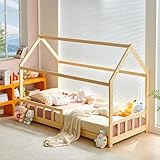 FetiNes Kinderbett 90x200 Hausbett Kinder inkl. Rausfallschutz und Rolllattenrost, Montessori Bodenbett Spielbett Jugendbett Holzfarben aus Massivholz Kiefer