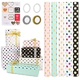 5 Rolle Geschenkpapier, GuKKK 43 x 300cm Geschenkpapier Weihnachten und 2 Rolle Band, Schwarz Gold Geschenkpapierrolle, Geschenkpapier Geburtstag,Geschenkverpackung Papier für Weihnachten Valentinstag