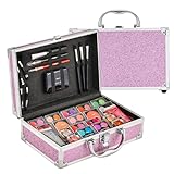 Anpro All-in-One Make-up-Tragetasche mit Pro Teen Make-up-Set, komplettes Starter-Kosmetik-Set mit Make-up-Pinseln, Lippenstiften, Lidschatten-Palette, Rouge, Glitzer-Gel-Lila