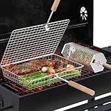 ivtivfu Nestendes Rollendes Grillkorb Set (Rechteck+Sechseckig), Abnehmbarer Holzgriff, Edelstahl 304, Grill Zubehör für Gemüse Garnelen, Outdoor Camping Gasgrill, Geschenke für Männer Ehemann Papa