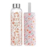 Autsel 1 liter Glasflasche Trinkflasche Glas Sport Borosilikat Glass Bottle Wasser Flasche mit Neopren-Hülle mit Auslaufsichere Abdeckung