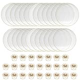 WedDecor Transparente Platzteller mit goldfarbenem Perlenrand und Perle mit goldfarbenen Serviettenringen, Acryl, runder Speiseteller und Serviettenringe, Tafelservice für Tischdekoration, 33 cm, 50