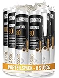 PROCREA® 6x Montagekleber 'Montage 80' [Extra stark bis 100 kg/qm] Schnellhärtender weißer Baukleber für Styropor, Akustikpaneele, Sockelleisten, Holz, Stein, Fliesen uvm. - schleif- & überstreichbar