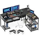 ODK Schreibtisch mit Schubladen, Schreibtisch L Form mit Steckdosenleiste, Eckschreibtisch Schwarz mit Reversibler Anordnung 135×100cm