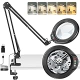 12X Lupe mit Licht und Ständer, 5 Zoll optisches Glas, Lupenlampe mit 5 Farbmodi, dimmbare Lupe mit Klemme, LED-Schreibtischlampe für Detailarbeiten, Basteln, Malen, Lesen, Reparieren und Nähen