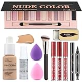 All in One Makeup Set 12 Colours Eyeshadow Palette Matte Foundation Face Primer, 3 Colours Liquid Lipstick, Eyebrow Soap, Winged Eyeliner Stamp, Makeup Brush, Makeup Sponge, Makeup Set (Set B)
