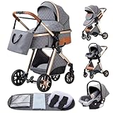 YAZOCO kinderwagen 3 in 1,Kombikinderwagen reisesysteme mit tragbar Wickeltasche Moskitonetz Regenschutz Fußsack, Zusammenklappen, Liegeposition Hohe Landschaft (4 grau)