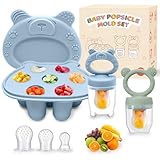 ZUFIO Fruchtsauger Baby – Fruchtsauger Baby ab 6 Monate (2 Fruchtsauger + 2 Silikonbeutel + 1 Gefrierbehälter) Perfekt für Babynahrung, Muttermilch - Selbstständiges Füttern (Blau/Grün 2+1)