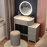 Kosmetik-Set mit 3 Farb-Beleuchtungsmodi, 4 Schubladen und Hocker, Make-up-Organizer, Tisch für Schlafzimmer, Ankleidezimmer, Weiß + Grau, 50 cm