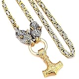 Halsketten Anhänger Herren, Wikinger Amulett Vintage Halskette Wolfskopf mit Thor Hammer Halskette 316L Edelstahl Königskette Schmuck/Gold/40 cm Kette