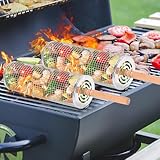 2er-Pack rollender Grillkorb mit Holzgriff, zylindrischer Edelstahl-Grillkorb, Outdoor-Camping-Picknick-Grillzubehör, grill zubehör für männer, grill zubehör für gasgrill, grill zubehör