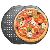 COONE 2 Stück Pizzablech Rund 33cm, Perforiertes Backblech mit Antihaftbeschichtung, Carbonstahl Pizzaform für Ofen & Grill, Ideal für Pizza, Flammkuchen & Kuchen (36 x 33 cm)​
