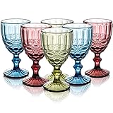 YOUEON 6 Stück farbige Weinkelche, 300 ml Weingläser Set mit geprägtem Muster, farbige Weingläser Vintage Glaswaren für Party, Hochzeit, Bar, Wein, Saft, Getränk, 3 Farben
