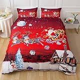 Tabeskly Weihnachtsbettwäsche Bettbezug Set für Einzelbett Kinder Jungen Mädchen Weihnachten festlich Weihnachtsmann Baum Schneemann Hirsch Geschenke weicher Reißverschluss 3 teilig Rot 135 × 200 cm