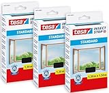 tesa Insect Stop Standard Fliegengitter für Fenster im 3er Pack - Insektenschutz zuschneidbar - Mückenschutz ohne Bohren - 3 x Fliegen Netz anthrazit - 1,3m:1,5m