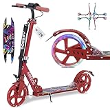 Arebos Cityroller Tretroller Rot höhenverstellbar | klappbar | inkl. Tragegurt | LED Räder | Hand-Tritt-Bremse | Front-Heckfederung | Kinder & Erwachsene | 100kg belastbar | Kickroller | Kickscooter