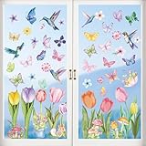 AOWDIAO Frühlings-Fensteraufkleber – 83 Stück Aquarell-Blumen, Schmetterling, Kolibri, Pilz, Tulpen, Glasaufkleber – wiederverwendbare doppelseitige Fensterdekoration für Zuhause, Büro oder