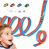 Havnidy 20Ft Flexibles Auto Rennbahn Spielzeug mit Saugnäpfen & 4 Rückzieh-Autos | Doppelspur Blau & Orange | Tragbare Rennstrecke für Kinder 3–8 Jahre | Rollbare Autorennbahn Geschenk