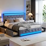 PerGar Bett 140x200, Polsterbett Doppelbett mit LED Beleuchtung und USB Ladefunktion, Boxspringbett Bettgestell mit 4 Schubladen und Verstellbares Kopfteil, Leinenstoff, Dunkelgrau, Ohne Matratze