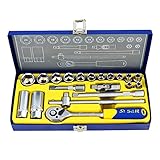 S&R Steckschlüsselsatz CHROM-VANADIUM 20-tlg, 3/8' Lock-Drive Profil, Metallbox, Stecknüsse für verrostete oder festsitzende Schrauben, Ratschenkasten Knarrenkasten Ratschenkoffer Steck-Nuss Satz