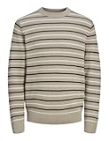 JACK&JONES Herren JORBRONX Stripe Knit Crew Neck Strickpullover, Humus/Stripes:SEA Salt, Medium