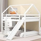 Etagenbett Kinderbett 140 x 200 mit Rutsche und Leiter,Doppelbett Hochbett Hausbett für 2 Kinder,Hoch-Doppel-Stockbett Spielbett Jugendbett, Baumhaus Doppelbett mit Rausfallschutz und Lattenrost,Weiß