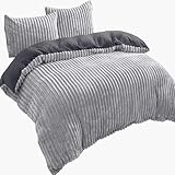 Visaggio Winter Bettwäsche 135x200 cm Teddy Plüsch Cord Streifen Cashmere Touch Nicky Coral Fleece Grau