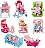 deAO Spielset mit 8 Mini Babypuppen, inklusive passendem Zubehör wie zum Beispiel, einen Spielzeug Kinderwagen, Einer Badewanne und vieles mehr