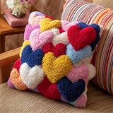 Kitquiver Knüpfkissen Mit Vordruck Cartoon Buntes Liebesherz Knüpfhäkel-Set Für Erwachsene Und Anfänger,Stickerei-Häkelset,Diy-Kissenbezug-Sets 43x43cm