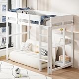 Aoskem Kinderbett Hochbett 90x200, Etagenbett Hausbett mit Leiter, Stauraum Regale und Schreibtisch, Holzbett Einzelbett Jugendbett Bettgestell mit Rausfallschutz und Lattenrost, Ohne Matratze Weiß
