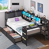Brinlawb Schlafsofa mit LED-Beleuchtung und Ladestation, Jugendbett 90x200 cm mit einem 35x112cm Tisch und zwei großen Schubladen, Bett 90x200 Tagesbett mit polsterter Rückenlehne am Kopfteil, Schwarz