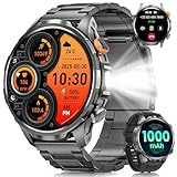 Smartwatch Herren Militär mit 1000mAh Akku, 1,91' AMOLED Armbanduhr, LED Taschenlampe/5ATM Wasserdicht Fitnessuhr mit Telefonfunktion 110+ Sportmodi/Herzfrequenz/Schlafmonitor/SpO2 iOS Android Schwarz