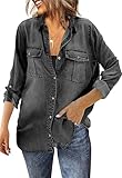 Saodimallsu Damen Jeanshemd Langarm Bluse Button Down Denim Hemden Casual Regular Fit Jeansjacke mit Brusttaschen Schwarz L