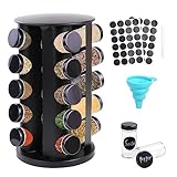 Yunkctuk Gewürzkarussell,Gewürzregal Drehbar 360°,Gewürz Organizer mit 20 Gewürzdosen,Edelstahl Spice Rack Gewürzgläser mit Regal Geeignet für Küchen, Schwarz