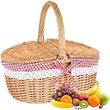 Picknickkorb aus Weidengeflecht Im Landhausstil,Roter Kariert Weidenkorb,26X18X15 cm,Ovaler Picknickkorb Kinder mit Deckel und Einlagen,Weidenkorb Mit für Picknicks Partys
