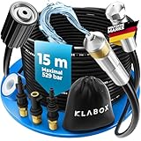 KLABOX Rohrreinigungsschlauch 15m | Kärcher Rohrreinigungsschlauch für Karcher K2-K7, Lavor, Bosch, Parkside und weitere Marken | Inklusive 3 Adapter, 2 Düsen, 1 Tasche und 1 Teflonband