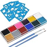URAQT Kinderschminke Set, 12 Farben Schminkfarben Schminkpalette, Face Paint Bodypaint Schminkset, Körperfarbe Kinder mit 2 Pinsel und 30 Tattoos für Halloween Karneval Make-up Fasching, Waschbar