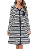 Marvmys Nachthemd Damen Baumwolle Schlafshirt mit durchgehende Knopfleiste Streife Kurzärmelig Nachtkleid Schlafhemd Nachtwäsche Umstands- Stillnachthemd Blau-Lange Ärmel L
