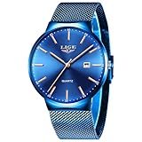 LIGE Uhren Herren Blau, Herrenuhr Analoge Quarz, Roségoldzeiger mit Kalender, Gitterband aus Edelstahl, 3ATM Wasserdicht, Mode Freizeit Outdoor Business, Luxus Armbanduhr Herren