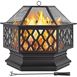Yaheetech Ø 71cm Feuerschale mit Funkenschutz & Schürhak, Sechseckige Feuerstelle, Multifunktional Feuerkorb, Fire Pit, Feuerschalen für den Garten, Heizung,Terrasse und Camping