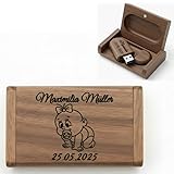 USB-Stick 3.0 mit Holzbox, Personalisierte Gravur, Geschenkidee zur Geburt, Baby Mädchen Junge Neugeboren Geschenk mit Namen Wunschtext, Speicherstick aus Massivholz (Nussbaum, 64, GB)