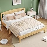 Arhatreya Doppelbett 160x200 cm, Rattanbett mit 15 Latten, Holzbett mit Mittelfüße, Flachbett mit Rattannetzkissen, Bett für Erwachsene Jugendliche (Ohne Matratze) Kiefer Natur