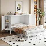 NNJN Schrankbett 140 x 200 cm, Wandbett mit Lattenrost, Wandklappbett, vertikales schrankbett mit Lattenrost, mit Staufächern, Rattan-Design, Holzbetten, Jugendbetten, Einzelbetten (Weiß)